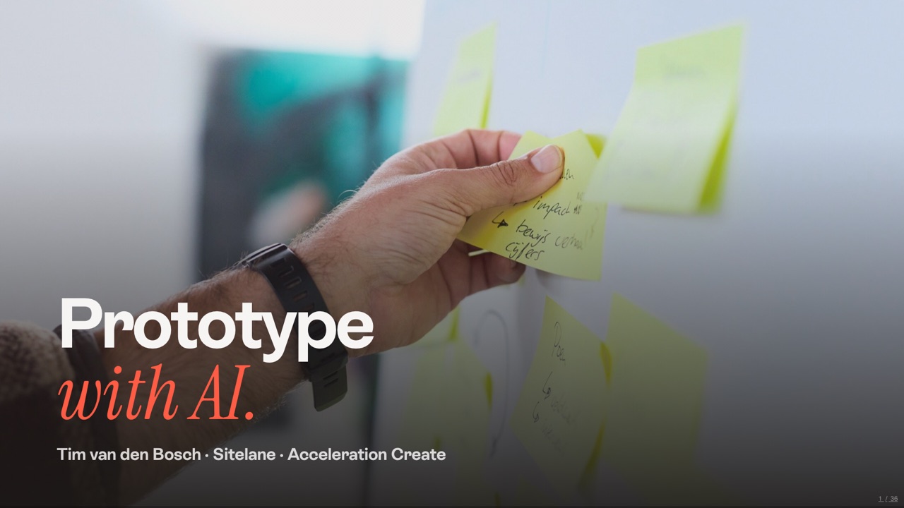 Title slide: Prototype with AI, Tim van den Bosch, Sitelane, Acceleration Create